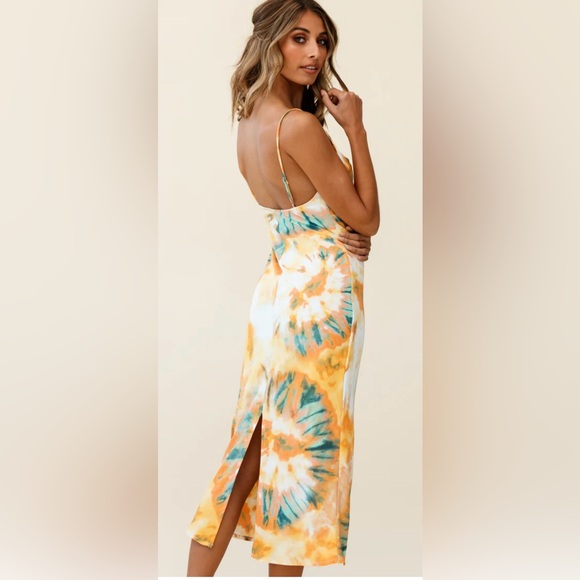 SELFIE LESLIE Tie-Dye Midi Dress in Orange & Green Cowl Neck Midi Dress SIZE M - Picture 3 of 3